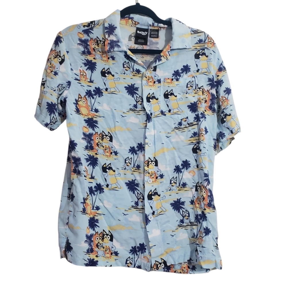 Bluey Button‎ Down Hawaiian Beach Short Sleeve Blue T Shirt